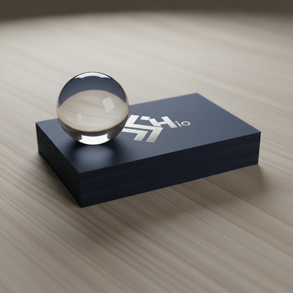 A dark grey stack of business cards with a clear glass or crystal ball placed atop it, both sitting upon a lightly wooden ...